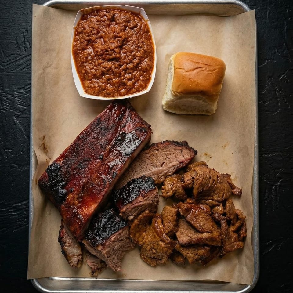Barbecue platter with ribs, brisket, baked beans, and a dinner roll on a metal tray.