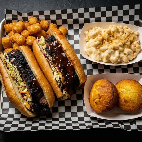 Two brisket sandwiches with coleslaw and BBQ sauce, tater tots, mac and cheese, and cornbread.